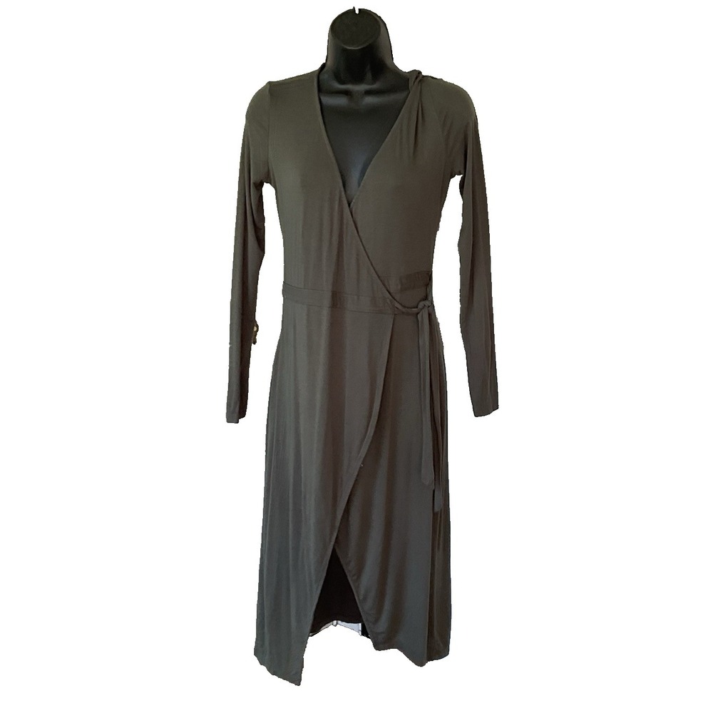 Forever 21 Army Green V-Neck Wrap Midi Dress Long Sleeve Front Tie Sz M